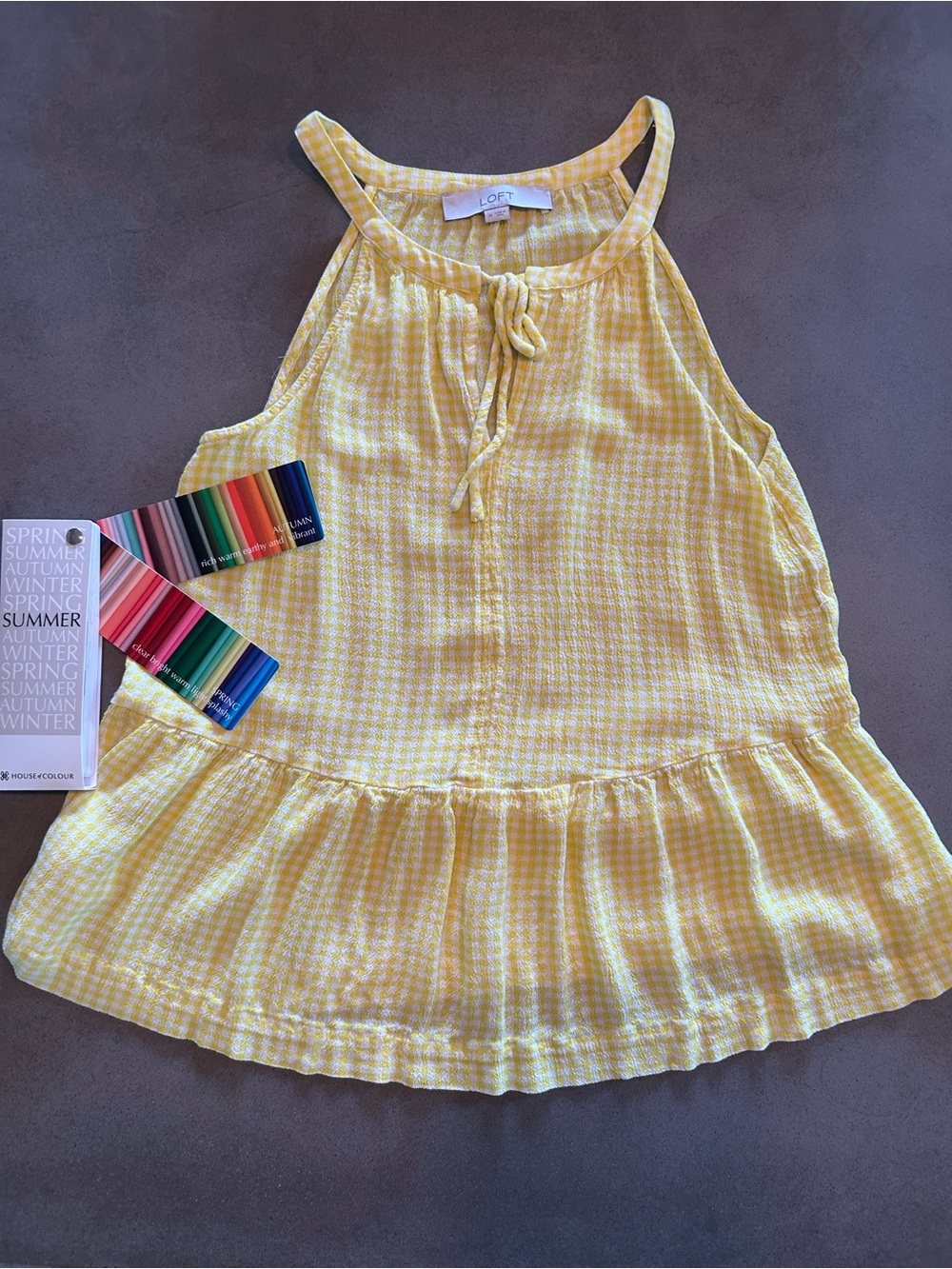 LOFT Yellow Gingham Tie-Neck Peplum Shell